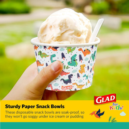 Glad for Kids - Cuencos de papel de dinosaurio, 20 unidades, tapas no incluidas, cuencos desechables con diseño de dinosaurio, para niños, cuencos de papel desechables resistentes para uso diario, 12