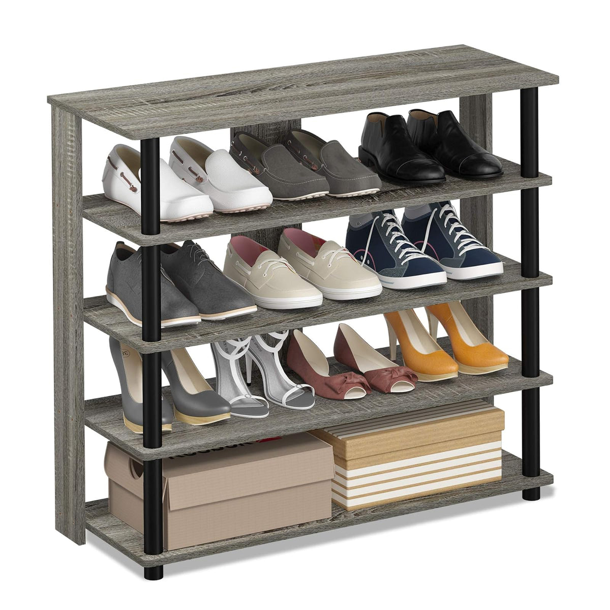 Furinno Turn-N-Tube Zapatero Ancho de 5 Niveles, Roble Francés con Negro, 81.3 cm