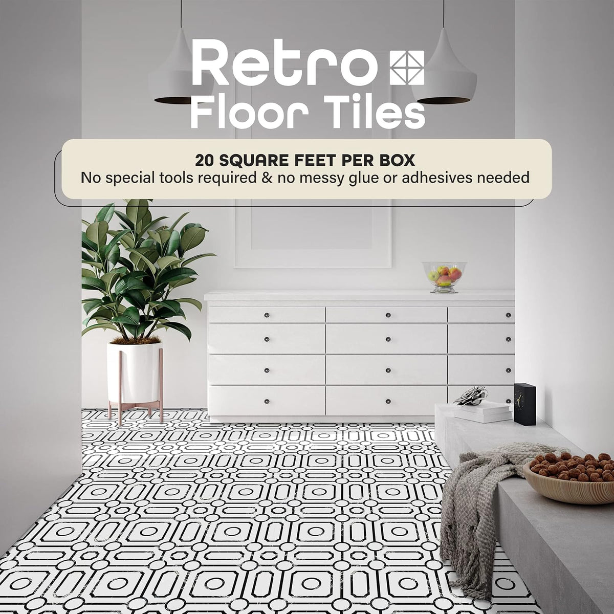 Achim Home Decor - Azulejos de vinilo autoadhesivo retro de 12 pulgadas, 20 azulejos, 12 x 12 pulgadas, patrón Carrera, despegar y pegar, suelos de bricolaje para cocina, comedor, dormitorios y baños
