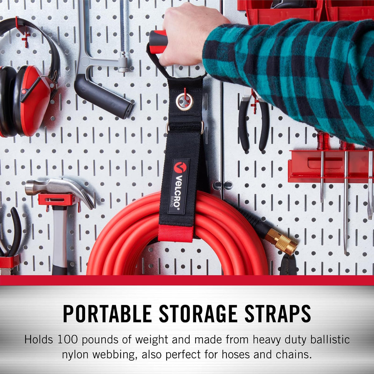 VEL-30897-USA - Correa de transporte resistente con asa para 100 libras | Almacenamiento de manguera de jardín, cables de extensión de transporte o colgar, cuerdas o cadenas, grande, envolturas de 7.5 pulgadas de diámetro, negro