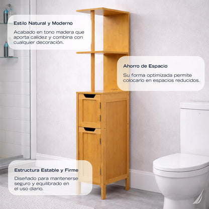 Nautica Home Mueble Organizador de Baño con Estantes y Gabinete, Torre de Almacenamiento de Bambú para Baño, Estantería Alta Compacta con Puertas para Espacios Reducidos