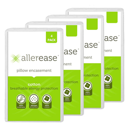 Aller-Ease Protector de Almohada 100% algodón Transpirable para Dormir, tamaño Queen 30 x 20 Pulgadas, Paquete de 4, Color Blanco