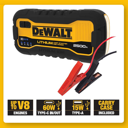 DEWALT DXAELJ25C - Arrancador de Salto (2500 amperios) | Batería de litio, banco de energía USB, estuche de transporte