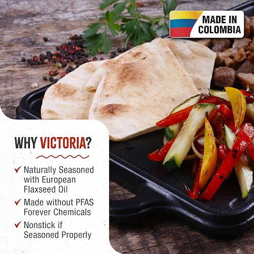 Victoria - Plancha rectangular reversible de hierro fundido para dos quemadores, sazonada con aceite de linaza con certificación 100% kosher sin OMG, 33 x 21 cm, color negro
