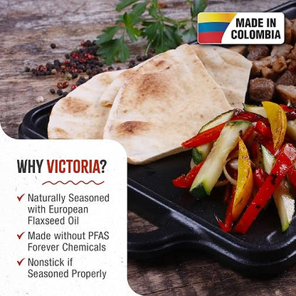Victoria - Plancha rectangular reversible de hierro fundido para dos quemadores, sazonada con aceite de linaza con certificación 100% kosher sin OMG, 33 x 21 cm, color negro