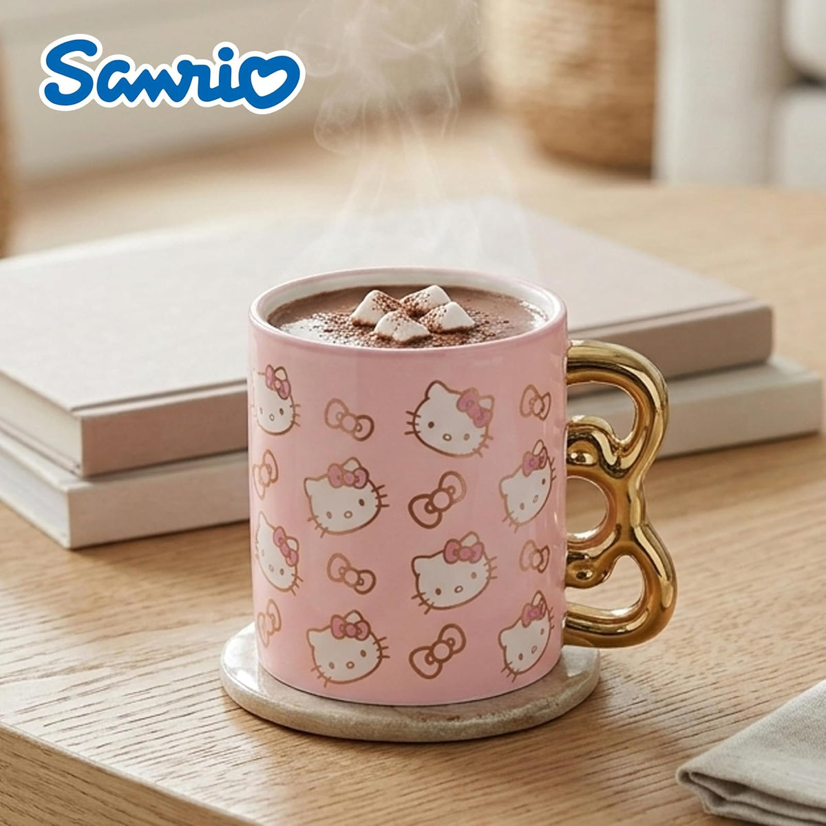 Silver Buffalo Hello Kitty - Taza de cerámica con diseño de caras y lazos dorados y rosados, 20 onzas