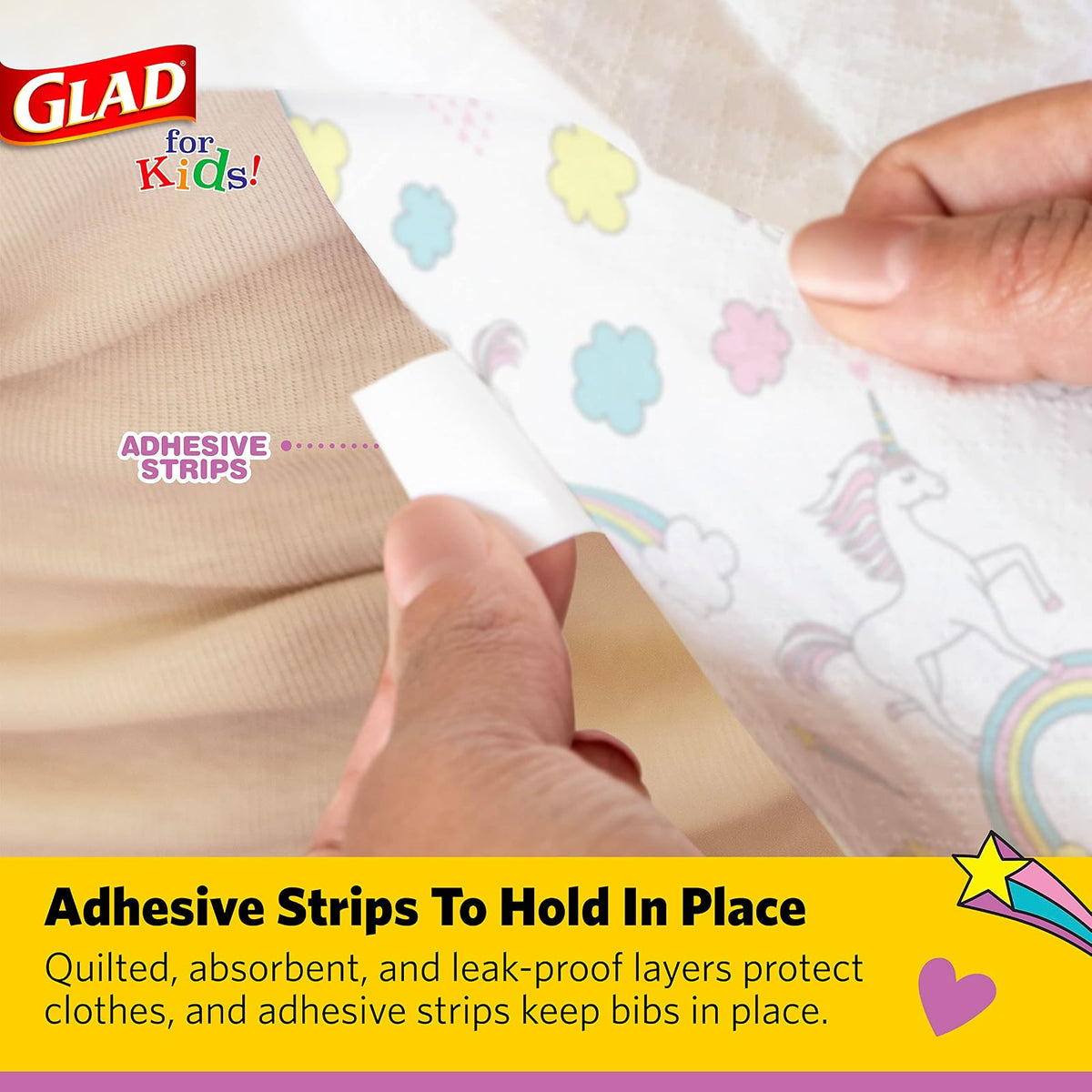 Glad for Kids - Baberos desechables de papel de unicornio con recogedor de migas para alimentar, absorbentes y a prueba de fugas, artículos imprescindibles para comidas sin desorden, 30 unidades