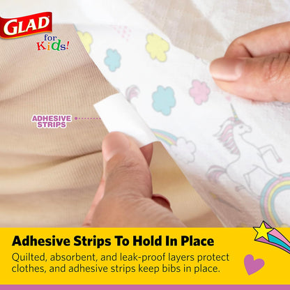 Glad for Kids - Baberos desechables de papel de unicornio con recogedor de migas para alimentar, absorbentes y a prueba de fugas, artículos imprescindibles para comidas sin desorden, 30 unidades