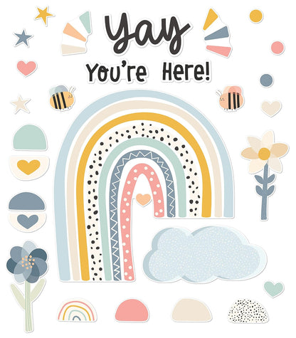 Carson Dellosa We Belong - Juego de 76 tablas de anuncios bohemias, encabezado con detalles de arco iris, flor y corazón para decoración de regreso a la escuela, pizarrón, suministros para profesores - ¡Yay You're Here!