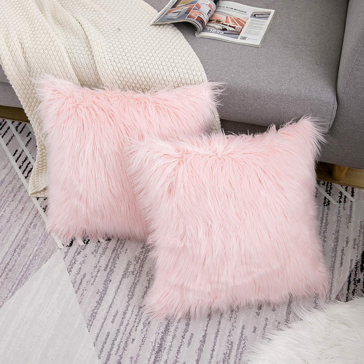 WLNUI Juego de 2 Fundas de Almohada esponjosas de Color Rosa, Serie de Lujo, Estilo Merino, Fundas de Almohada Decorativas de Piel sintética, Fundas de cojín cuadradas y peludas, 18 x 18 Pulgadas