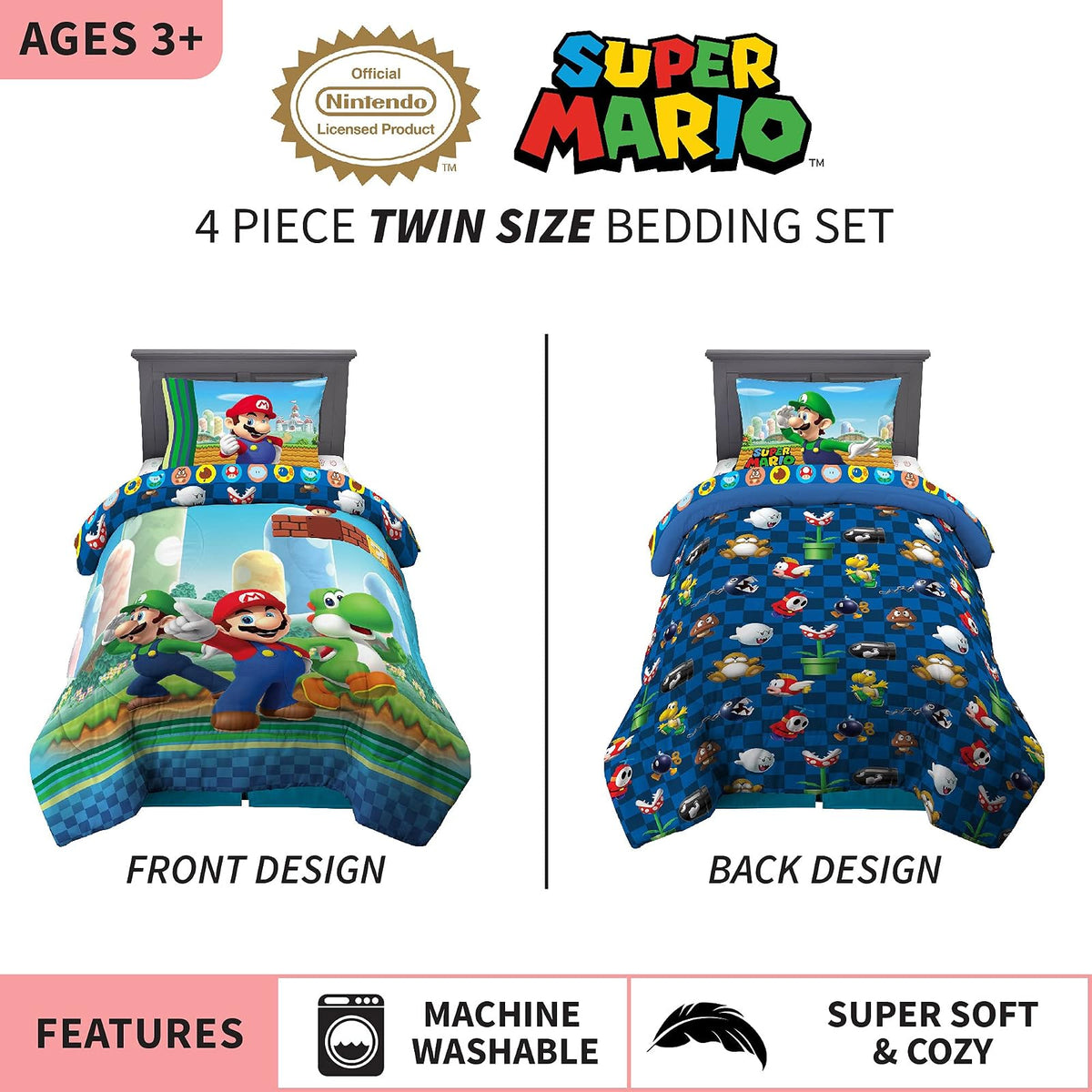 Franco Juego de edredón y sábanas súper Suaves para niños, 4 Piezas, tamaño Individual, Mario