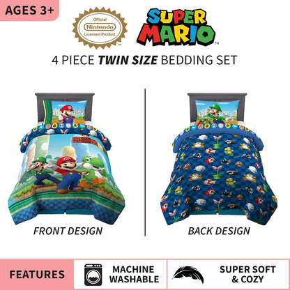 Franco Juego de edredón y sábanas súper Suaves para niños, 4 Piezas, tamaño Individual, Mario