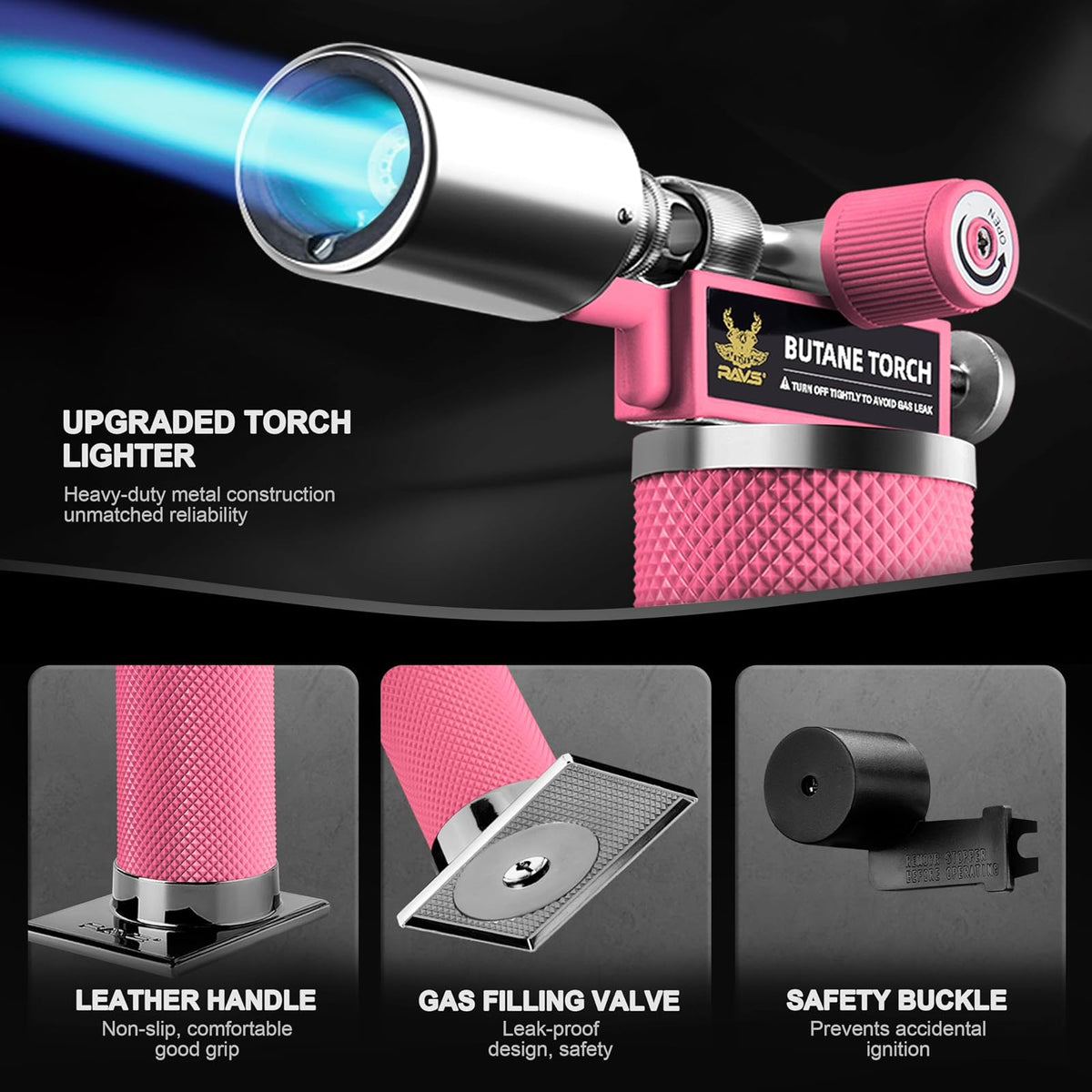 RAVS - Antorcha de butano, antorcha de cocina para crema Brulee con llama ajustable, antorcha de cocina para hornear, barbacoa, postres, mini antorcha de metal con hebilla de seguridad, rosa (butano