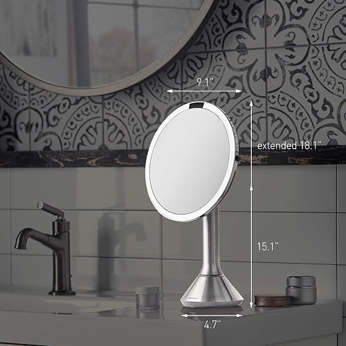simplehuman - Espejo de maquillaje con sensor redondo de 8 pulgadas con control táctil, ajuste de luz doble, aumento 5x, recargable y sin cable, acero inoxidable dorado rosa