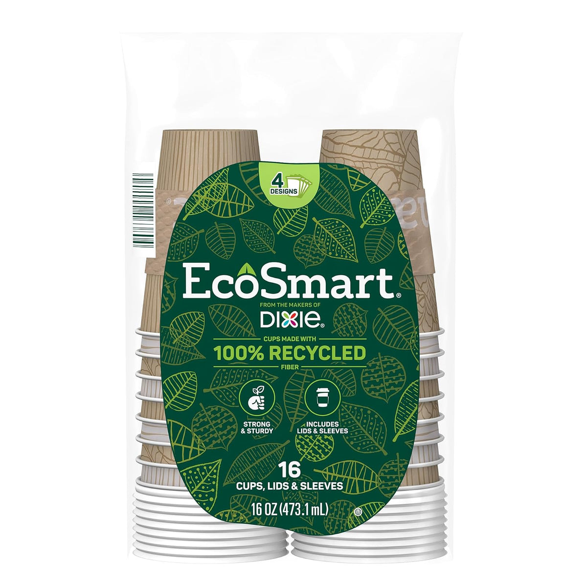 EcoSmart® - Vasos de papel de fibra 100% reciclada, tazas de café desechables de 16 onzas con tapas y mangas, 96 tazas ecológicas (6 paquetes combinados de 16 tazas, tapas y fundas)