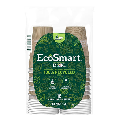 EcoSmart® - Vasos de papel de fibra 100% reciclada, tazas de café desechables de 16 onzas con tapas y mangas, 96 tazas ecológicas (6 paquetes combinados de 16 tazas, tapas y fundas)