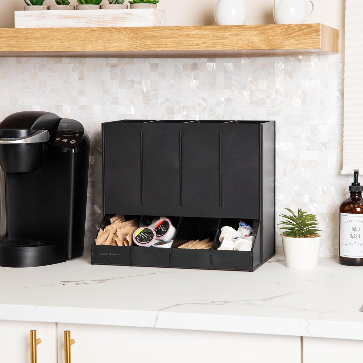 Mind Reader 4-Compartment Single Serve Coffee Pod Dispenser, 120 Pod Capacity, Breakroom, 14.5" L x 9" W x 12.25" H, Black