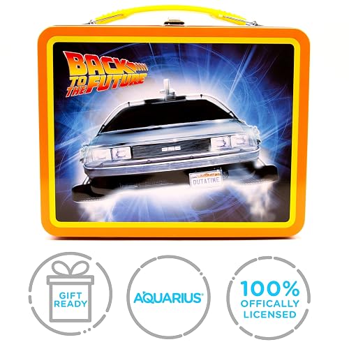 AQUARIUS Back to the Future Gen 2 Fun Box - Caja de almacenamiento de lata resistente con mango de plástico y cubierta frontal en relieve, producto oficial XXXXX y regalo coleccionable para niños,