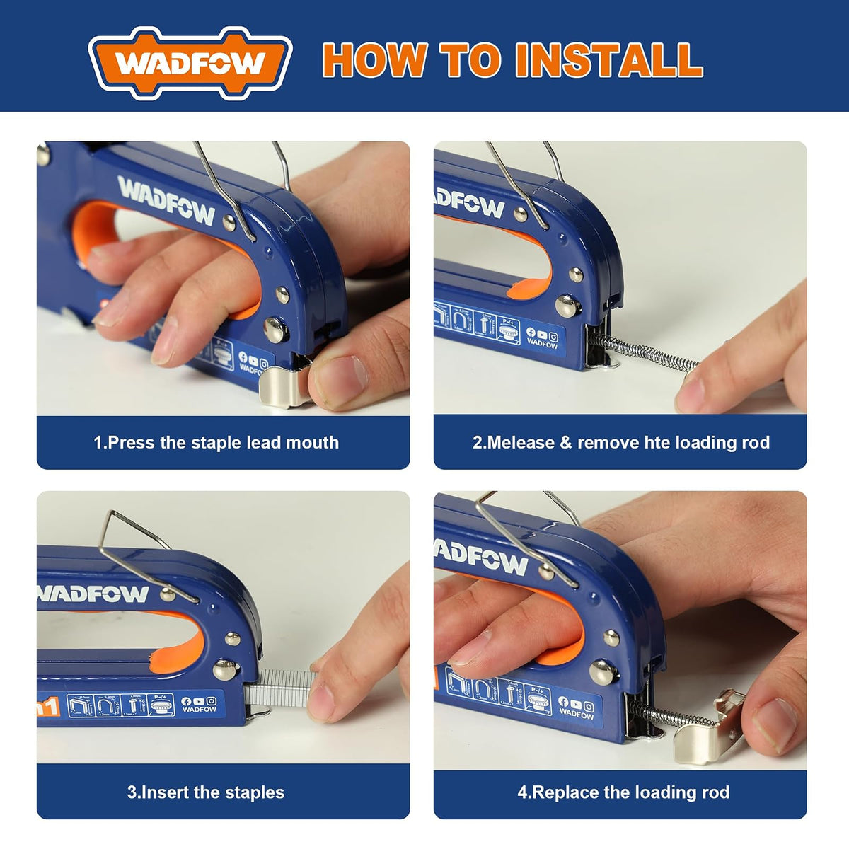 WADFOW - Pistola grapadora 3 en 1 resistente con 3.000 grapas: clavadora manual Brad, pistola grapadora de ajuste de potencia para madera, manualidades, carpintería, decoración y bricolaje