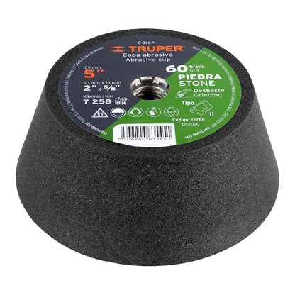 Truper C-361-PI, Copa desbaste, 5", grano 60 para piedra - M16 - Grano 60