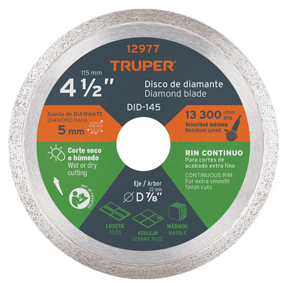 Truper DID-145, Disco de diamante de 4-1/2" x 1.6 mm, rin continuo