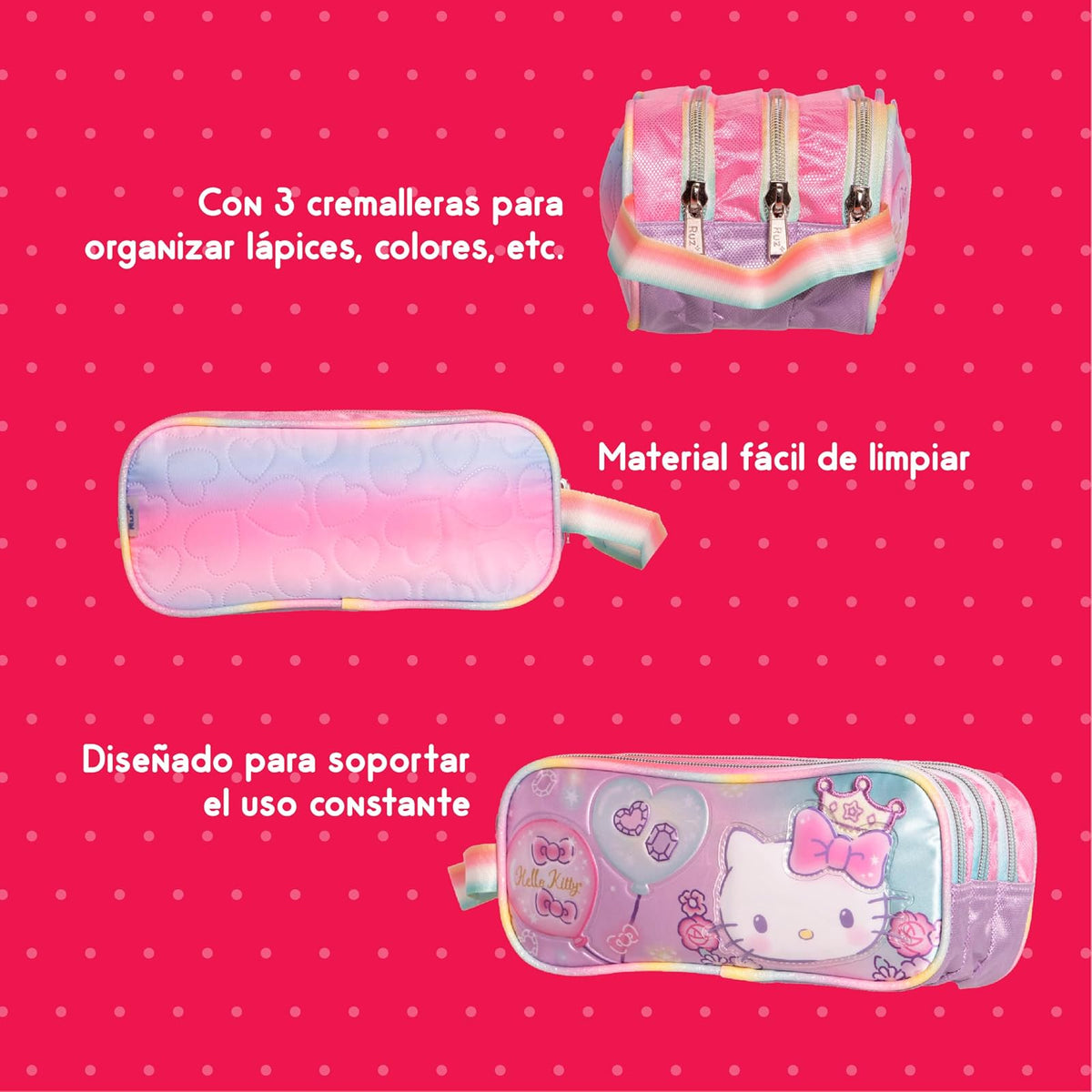 Ruz Lapicera Triple Infantil y Preescolar | Hello Kitty | 100% Poliéster | Estuche Organizador para Niños con Compartimentos y Cierre de Cremallera | Recomendado desde 3 años