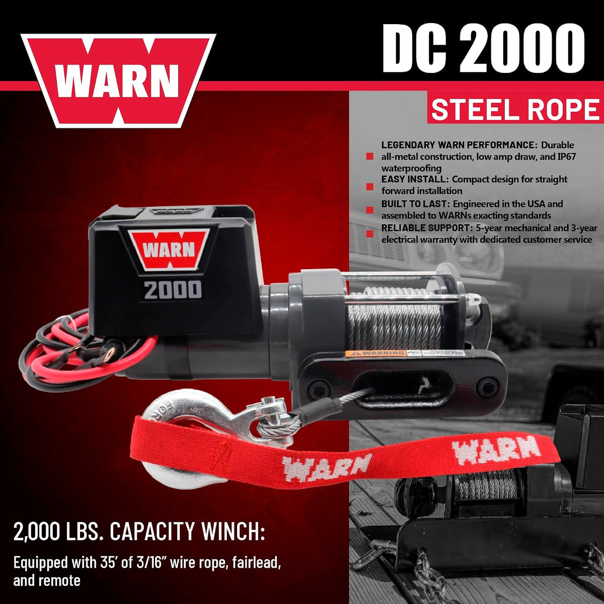 WARN 92000 - Cabrestante eléctrico montado en vehículo serie 2000 de 12 V CC con cable de acero: capacidad de tracción de 1 tonelada