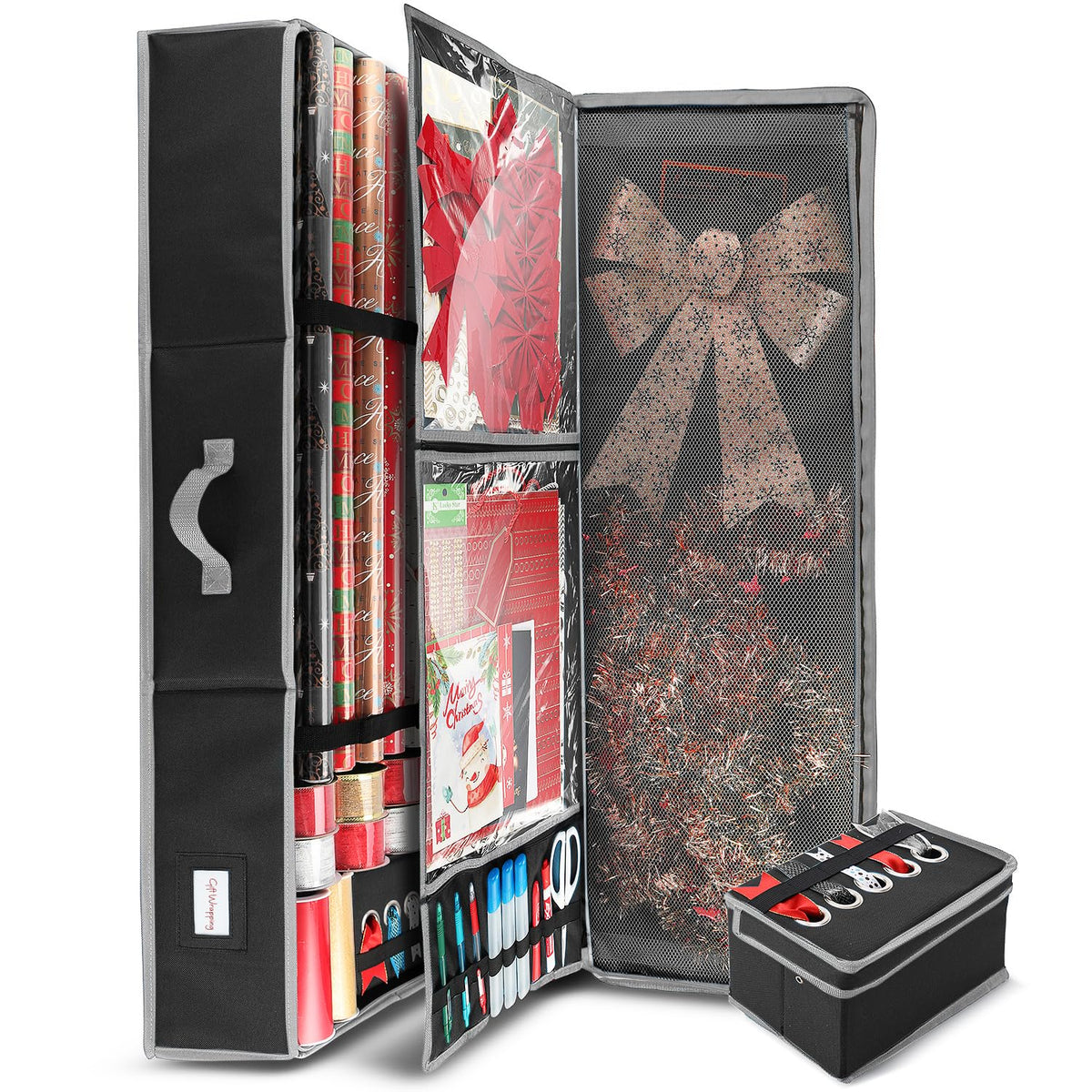Hearth & Harbor - Contenedor de almacenamiento de papel de regalo con cinta organizador de almacenamiento - Bolsa de almacenamiento de Navidad con bolsillos interiores extras - Organizador de regalo