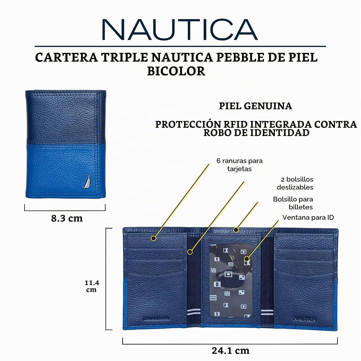 Nautica - portafolios clásica de piel triple RFID para hombre (disponible en grano liso o guijarro)