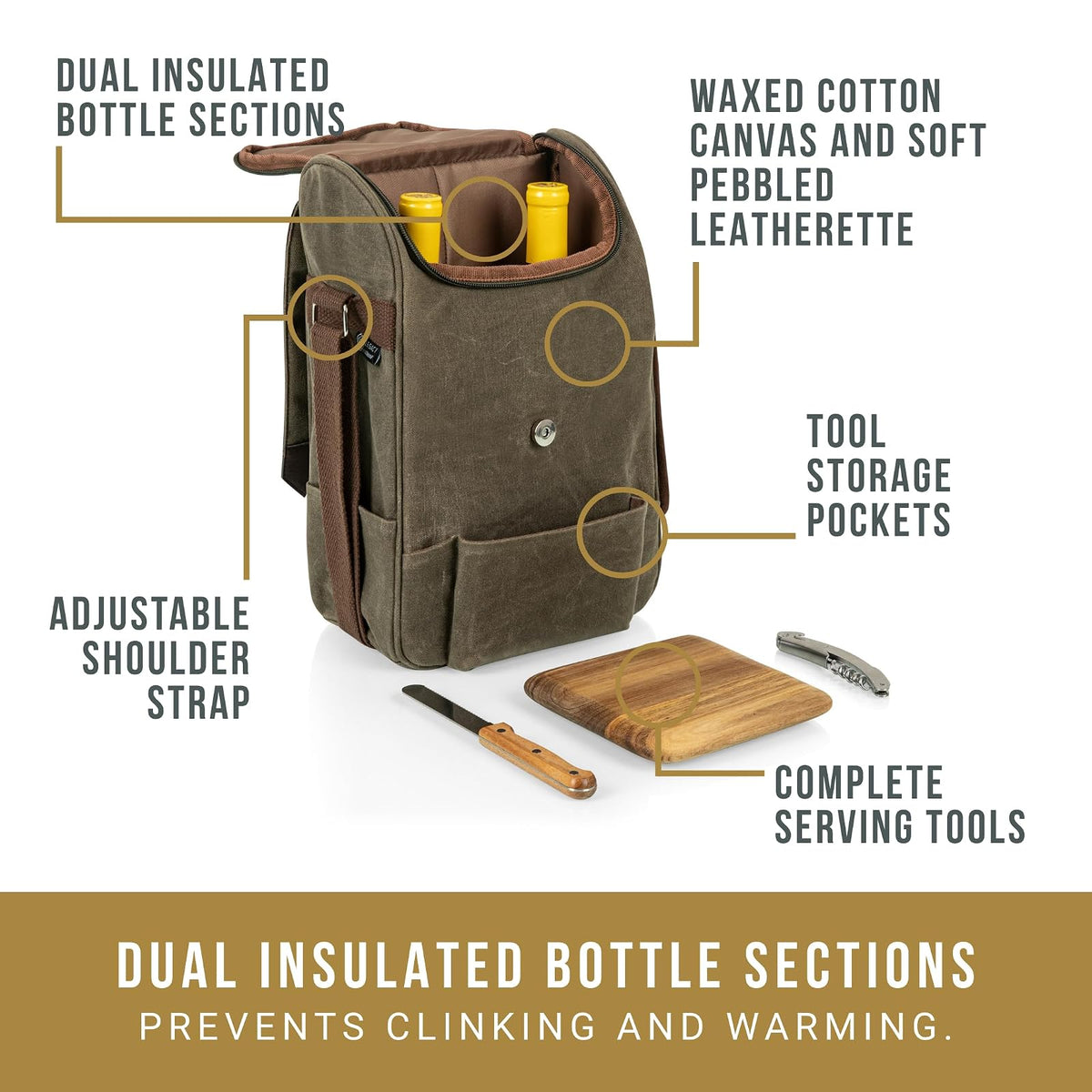Picnic Time - Bolsa de Vino aislada de 2 Botellas con Tabla de Queso y Juego de Cuchillos, Bolsa de Picnic para Vino, Lona Encerada Envejecida, (Verde Caqui con Detalles café)