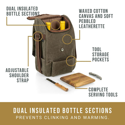 Picnic Time - Bolsa de Vino aislada de 2 Botellas con Tabla de Queso y Juego de Cuchillos, Bolsa de Picnic para Vino, Lona Encerada Envejecida, (Verde Caqui con Detalles café)