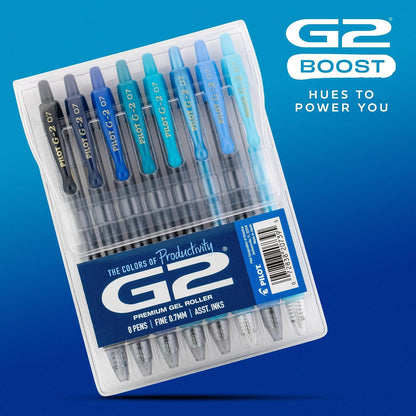 Pilot G2 Boost - Bolígrafos de Gel Azul, Punta Fina 0.7 mm, Paquete de 8 | Los colores de productividad, bolígrafos de tinta negra y azul surtidos, bolígrafo de punta fina de 0,7 mm, bola borrable