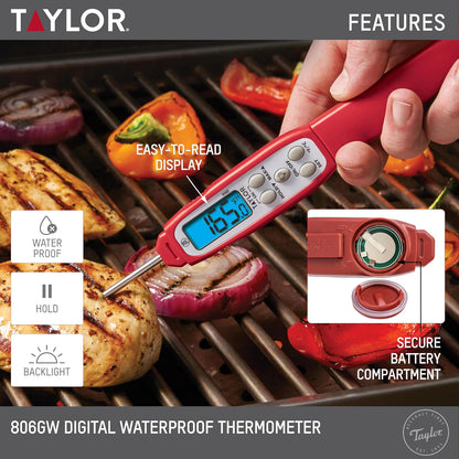 Taylor - Termómetro digital impermeable con luz de fondo azul brillante para cocina, carne, comida, parrilla, barbacoa cocina, rojo, estándar (806GW)