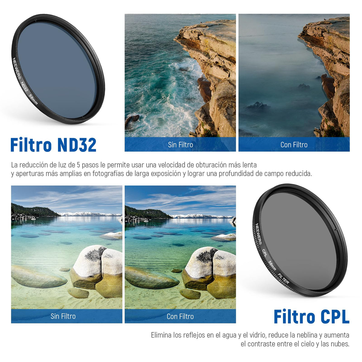 NEEWER 58mm Kit de Filtro de Lente con Clip de Lente de Teléfono, CPL, ND32, Filtro Estrella 6 Puntos, Filtros Graduados (4 Colores), Compatible con iPhone 16 15 14 Pro MAX 13 12 11 Canon Nikon Sony