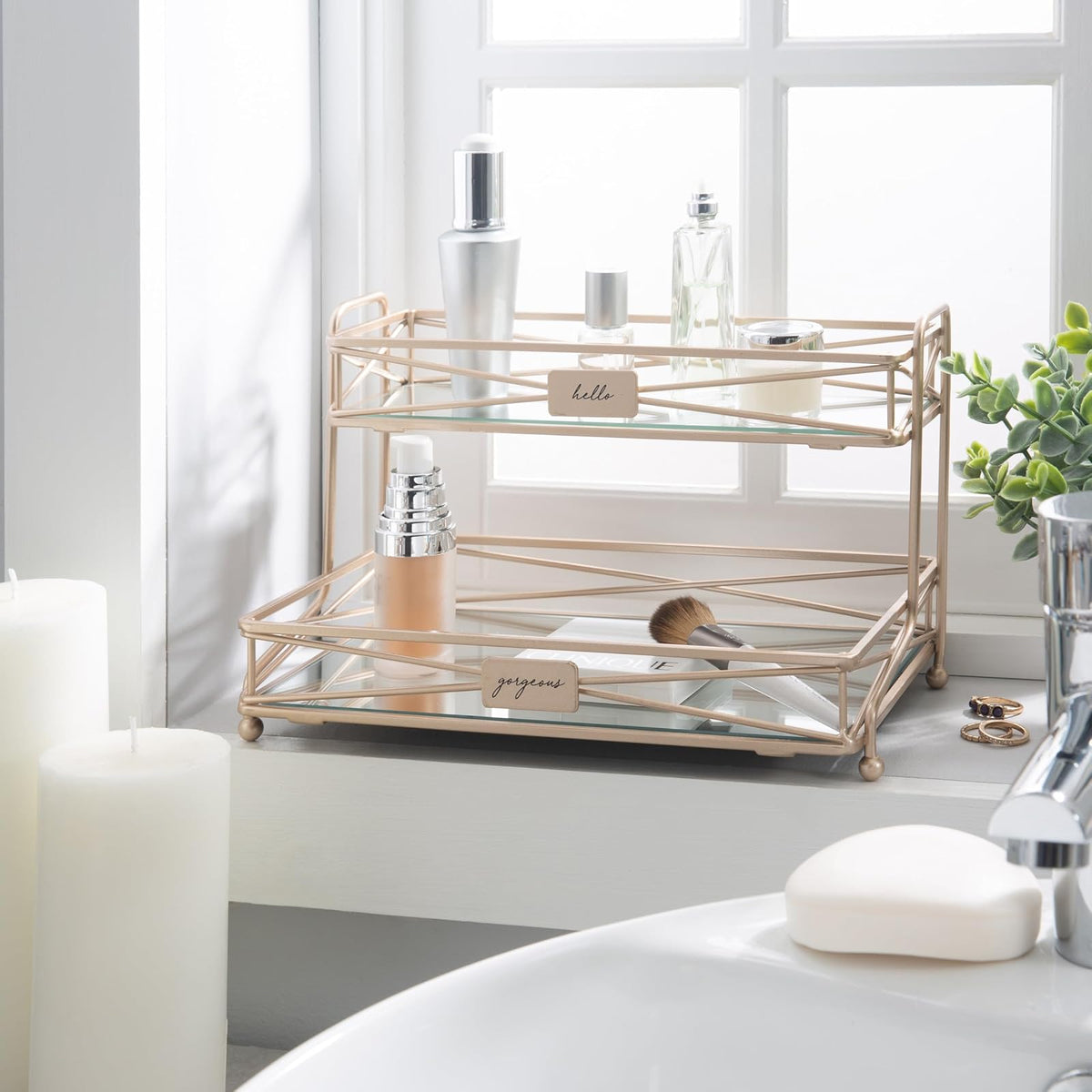 Home Details - Espejo de 2 Niveles, Perfecto para perfumes, Joyas, Maquillaje, Organizador de cosméticos, decoración Elegante en Oro Satinado