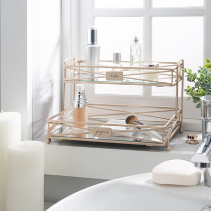 Home Details - Espejo de 2 Niveles, Perfecto para perfumes, Joyas, Maquillaje, Organizador de cosméticos, decoración Elegante en Oro Satinado