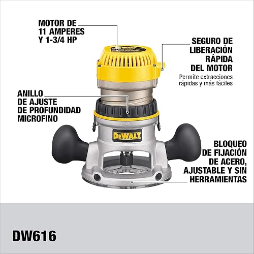 DEWALT Router para Madera 1-3/4" HP, 750W, Base Fija, Metal y Plástico de Alta Resistencia, DW616