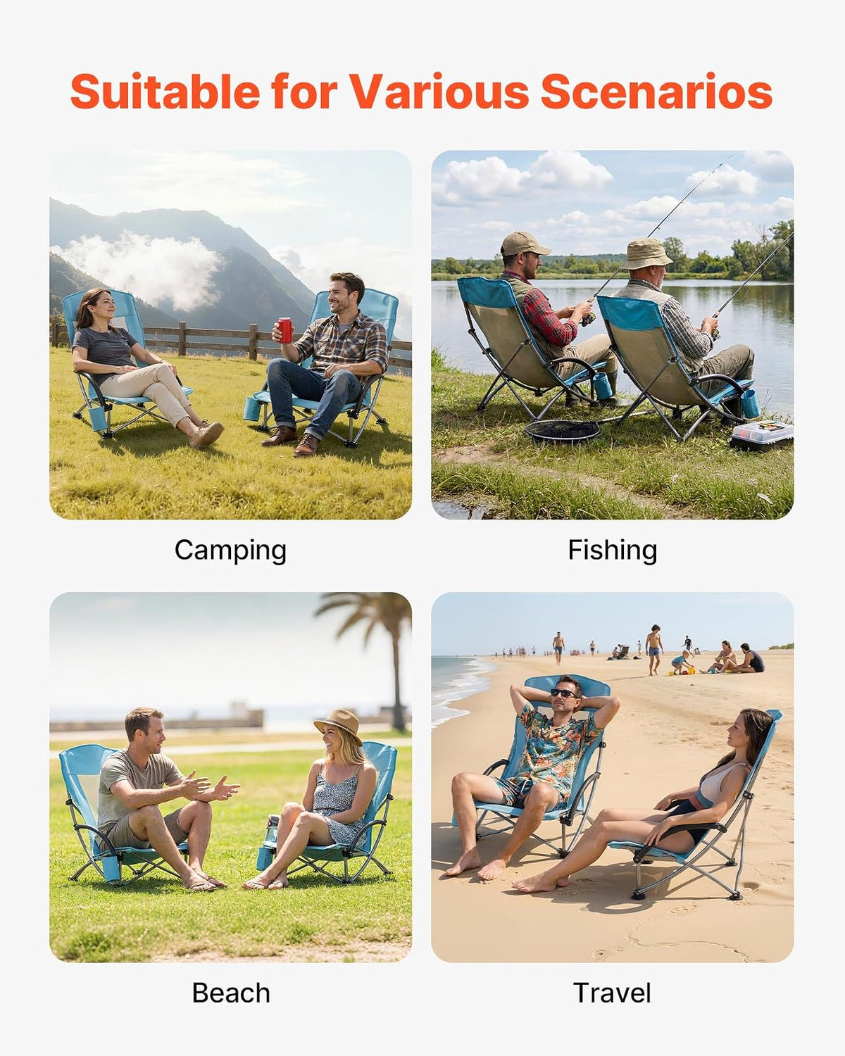 VEVOR Silla de Playa Plegable, Paquete de 2, Capacidad Máxima de 150 kg con Respaldo Alto de Malla, Almohada, Silla de Camping Portátil, Resistente con Portavasos para Exteriores Barbacoa Aire Libre