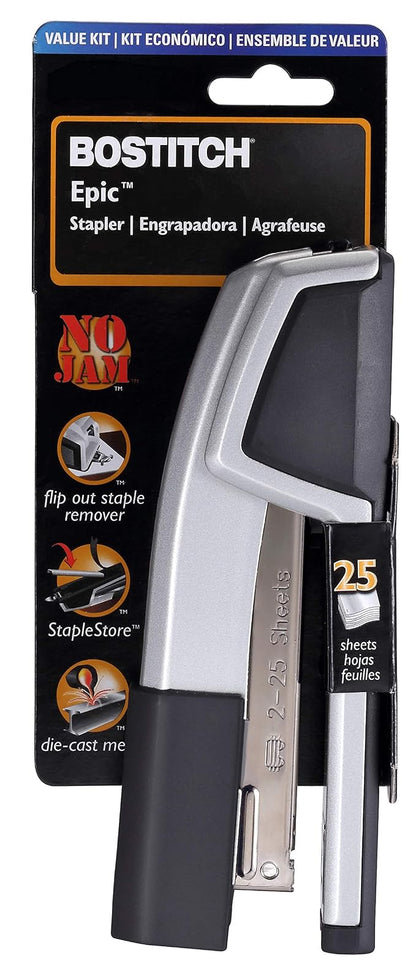 Bostitch Office Epic All Metal Grapadora 3 en 1, capacidad de 25 hojas, con removedor integrado y almacenamiento de grapas, plata (B777R-SLV)