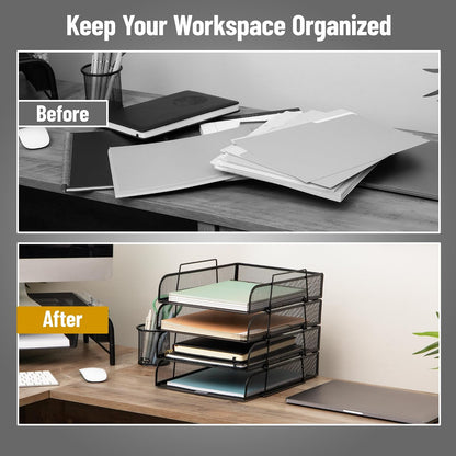Betesh Mind Reader Stackable Paper Tray, Desktop Organizer, File Storage, Office, Metal Mesh, 10.5" L x13.5 W x11.25 H, 4 Pcs., Black