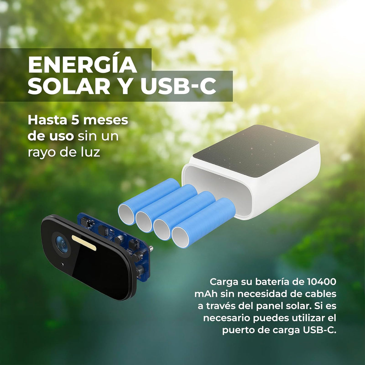 Tecnolite Connect - Cámara Solar de Seguridad Exterior WiFi Inteligente, Recargable, Inalámbrica, Panel Solar, Visión Nocturna, Compatible con App móvil y Asistentes de Voz