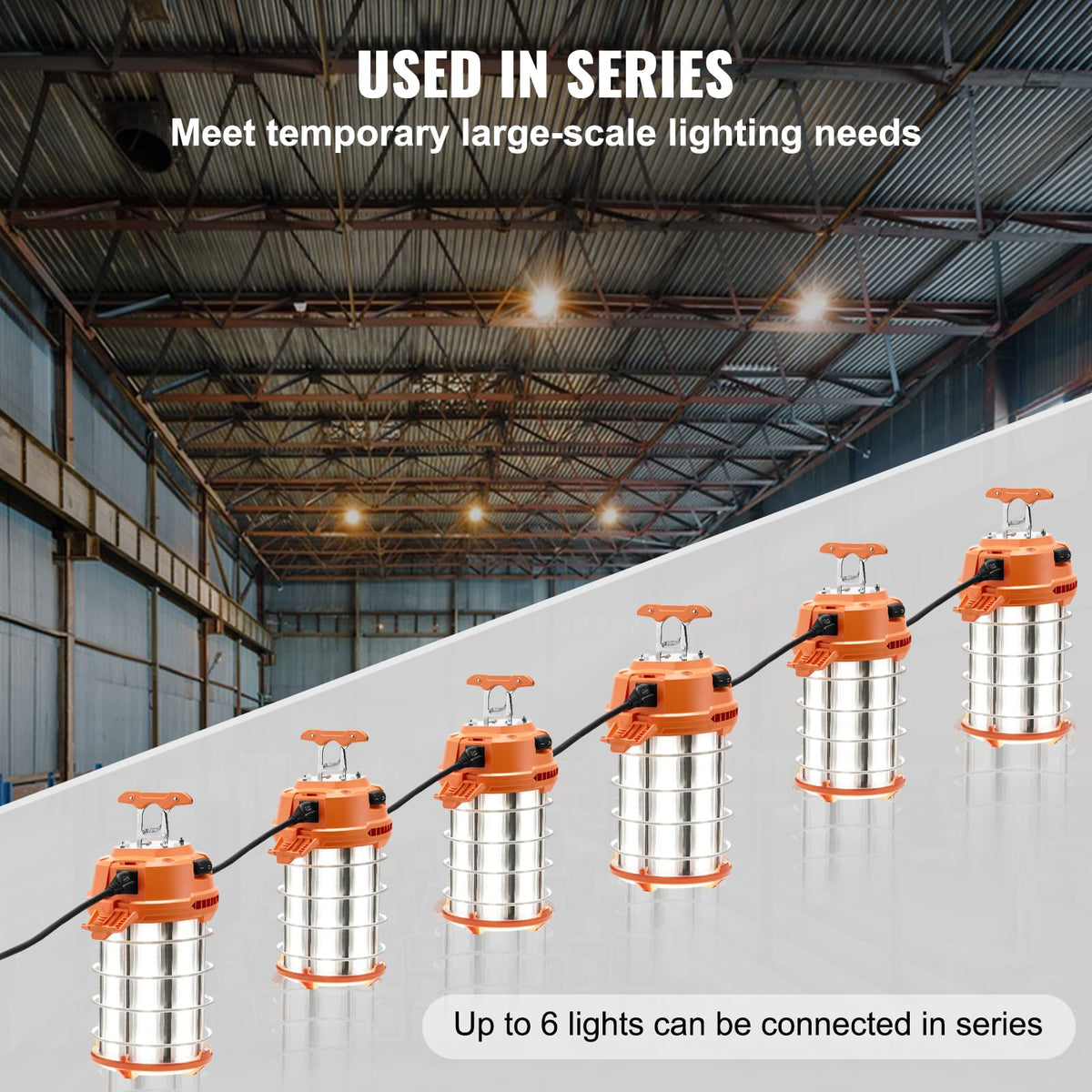 VEVOR - Luz LED de trabajo temporal, 150 W, 20000 lm, luces de construcción portátil de 5000 K, súper brillante e impermeable y conectada hasta 6 luces, iluminación colgante en el lugar de trabajo
