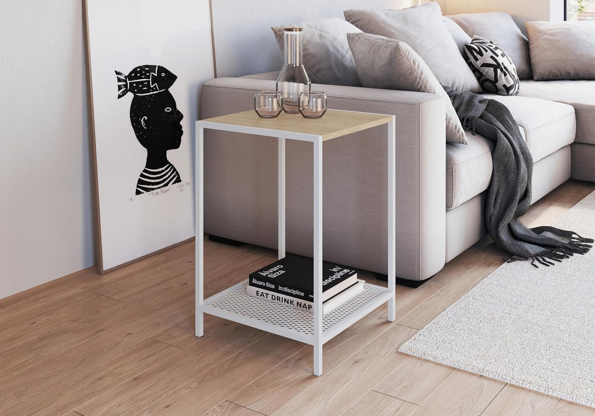 TUGOW Mesa Lateral Ted Color Blanco y Madera con 1 Entrepaño y Estructura Metálica de Acero MDP.