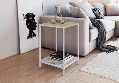 TUGOW Mesa Lateral Ted Color Blanco y Madera con 1 Entrepaño y Estructura Metálica de Acero MDP.