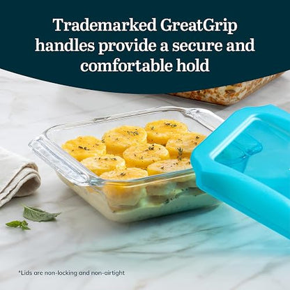 Libbey Baker's Premium - Juego de 2 platos de vidrio para hornear de 8 x 8 pulgadas con tapas, utensilios apilables con asas GreatGrip, platos cuadrados cubiertos duraderos