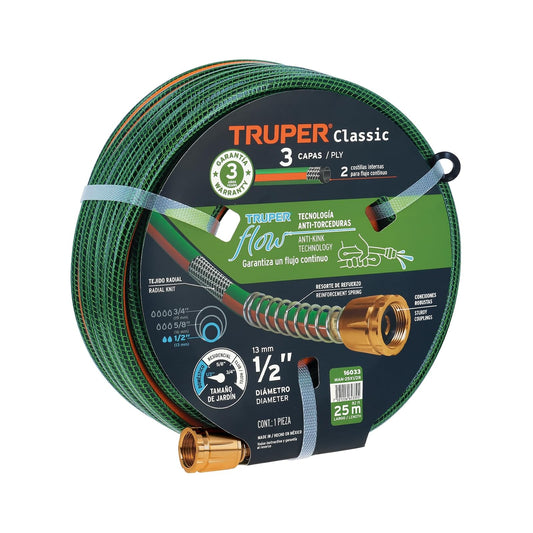 Truper MAN-25X1/2R, Manguera 1/2", reforzada 3 capas, conexiones de metal, 25 m