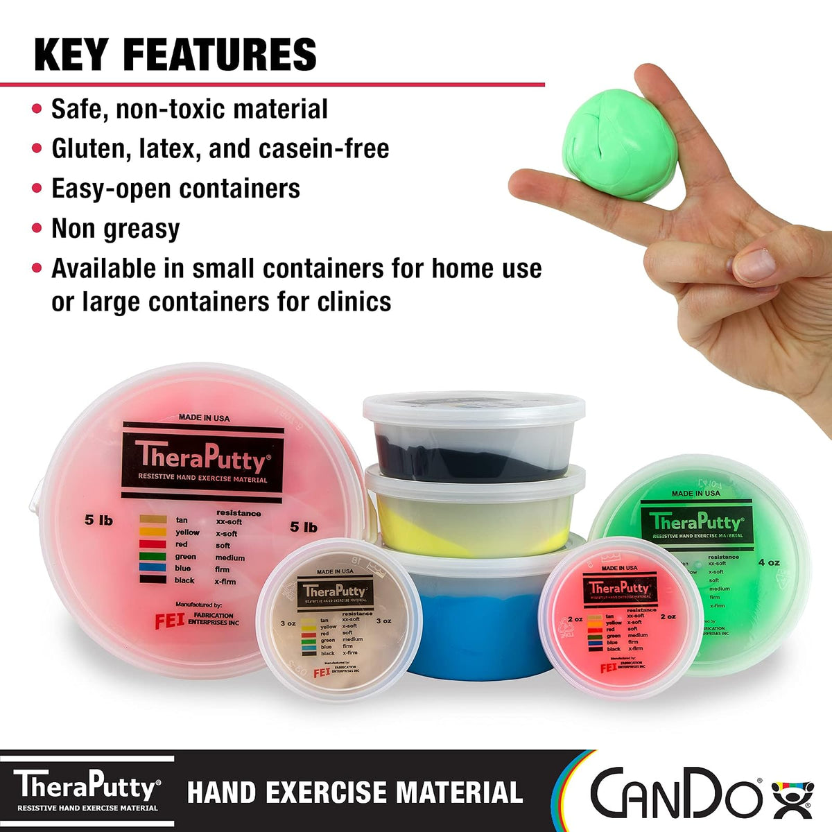 CanDo TheraPutty - Masilla de ejercicio de mano estándar para rehabilitación, ejercicios, terapia de manos, terapia ocupacional, fortalecimiento de manos, mejora las habilidades motoras, alivio del estrés
