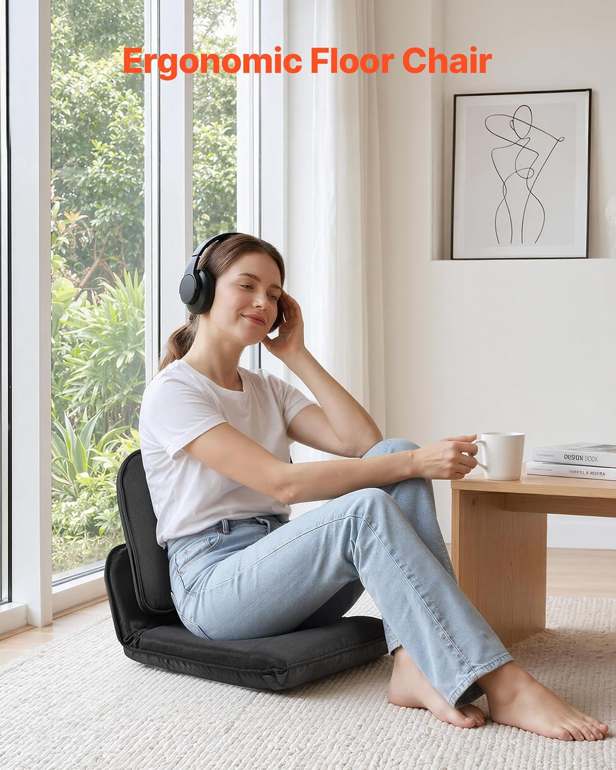 VEVOR Silla de Suelo Relax, Silla Reclinable con Respaldo Ajustable en 5 Posiciones, Soporte Ergonómico, Marco Metálico y Tapizado de Lino, para Lectura Descanso Sala de Estar Dormitorio, Color Negro