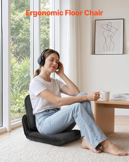 VEVOR Silla de Suelo Relax, Silla Reclinable con Respaldo Ajustable en 5 Posiciones, Soporte Ergonómico, Marco Metálico y Tapizado de Lino, para Lectura Descanso Sala de Estar Dormitorio, Color Negro