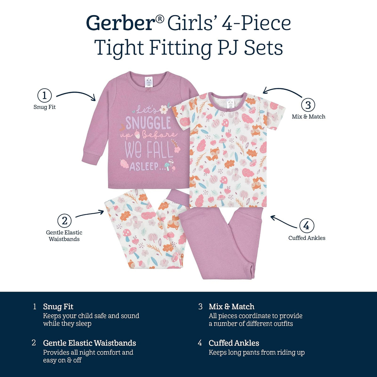 Gerber Baby Girls' Toddler Snug Fit 4-Piece Pajama Set